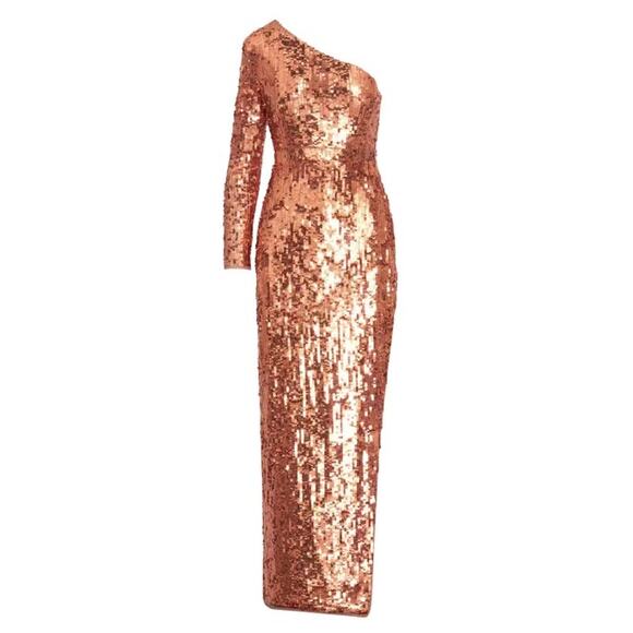 Mac Duggal Copper Sequin One Sleeve High Slit Dress 6 NWT - Picture 4 of 11